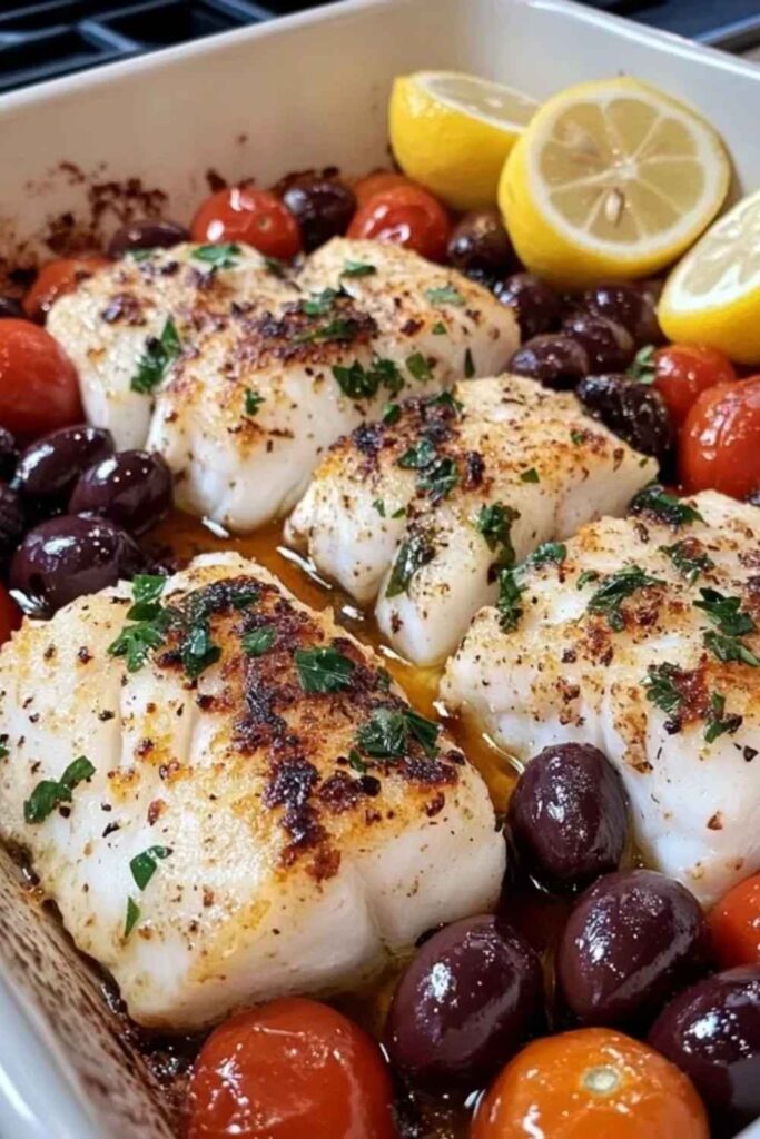 Baked Cod with Tomatoes, Olives, and Capers