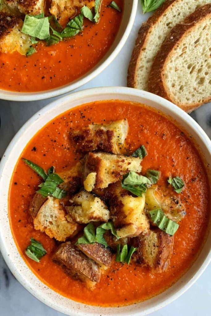 Creamy Tomato Soup with Grilled Cheese Croutons