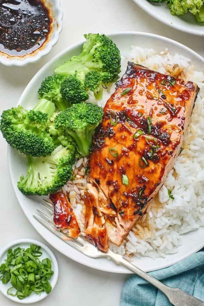 Honey Garlic Salmon With Rice and Broccoli