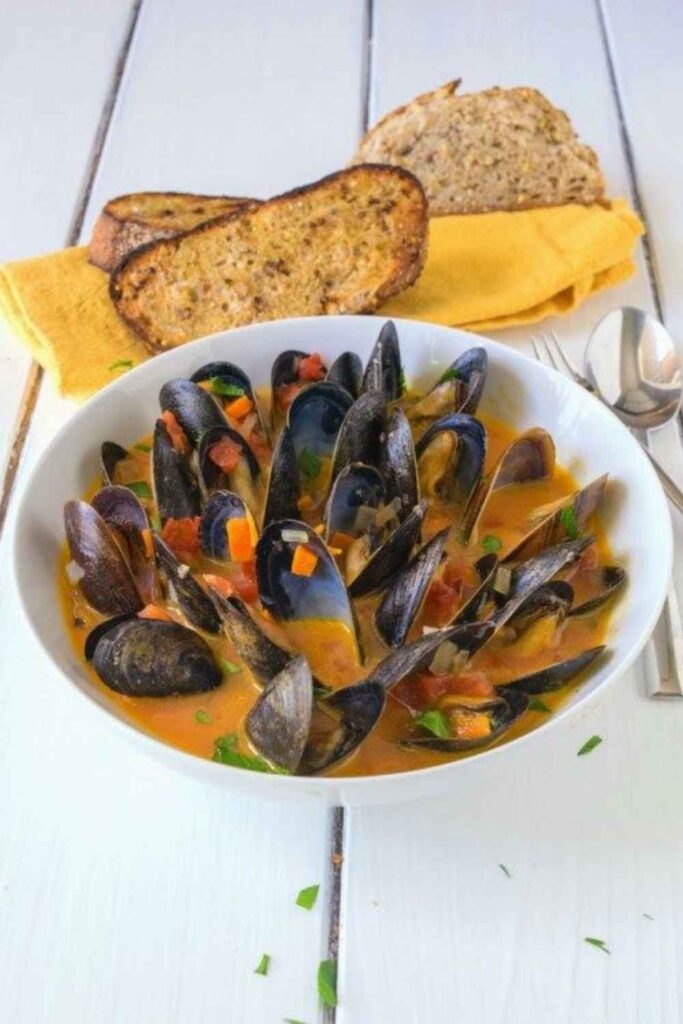 One Pot White Wine Mussels with Crusty Bread