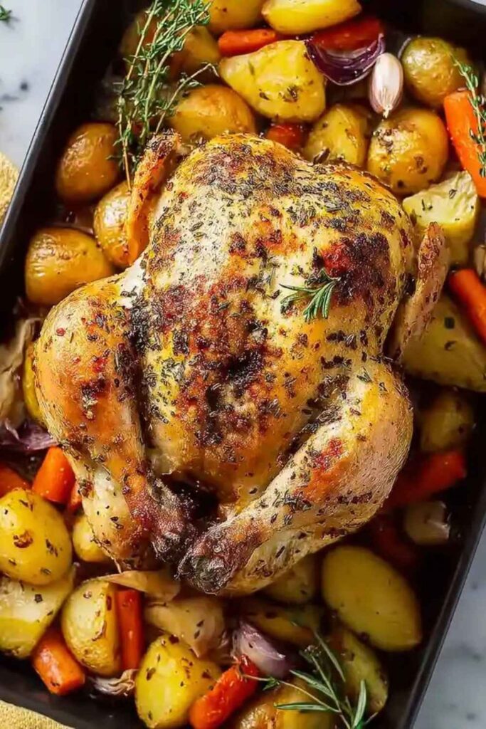 One Pot Whole Roasted Chicken with Root Vegetables
