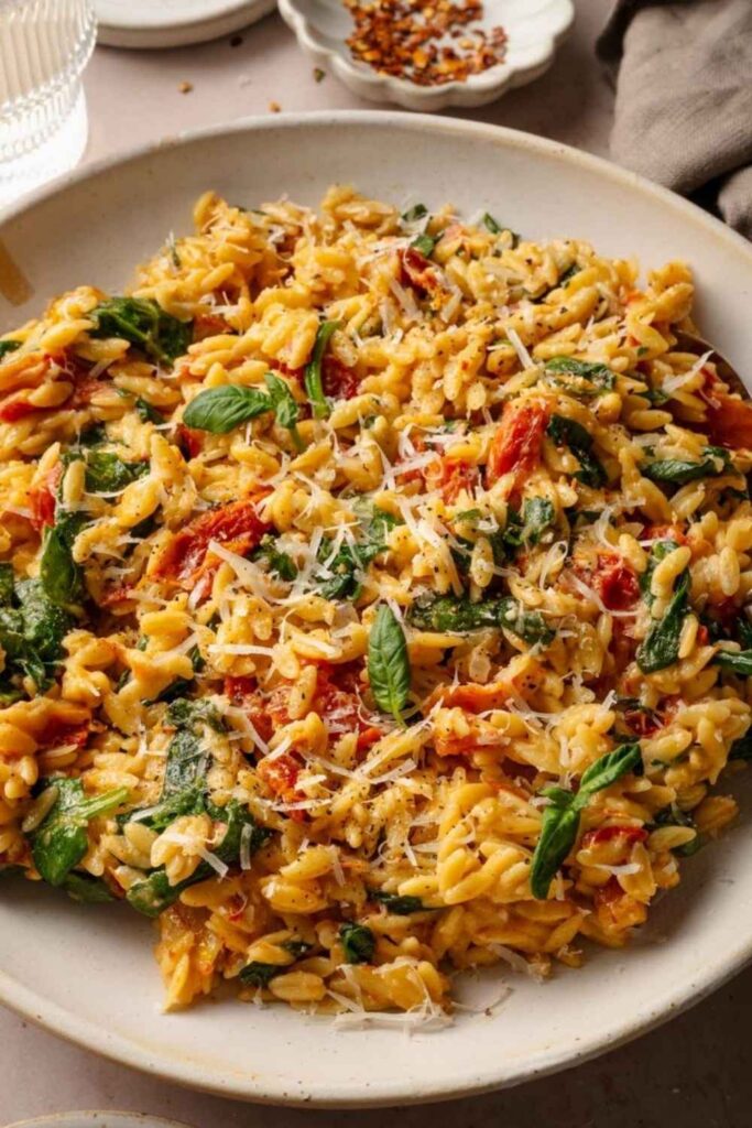 Pesto Orzo with Sun-Dried Tomatoes and Spinach