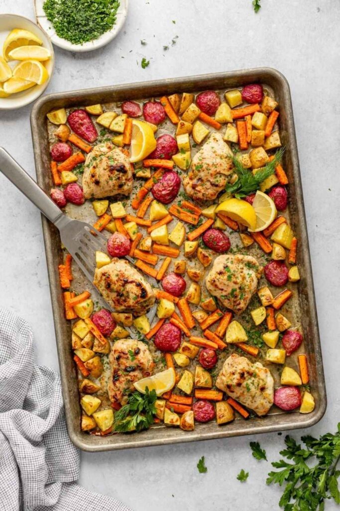 10 Easy Healthy Dinner Recipes for Busy Weeknights That Actually Taste Good 2 Sheet Pan Lemon Herb Chicken Thighs with Roasted Vegetables