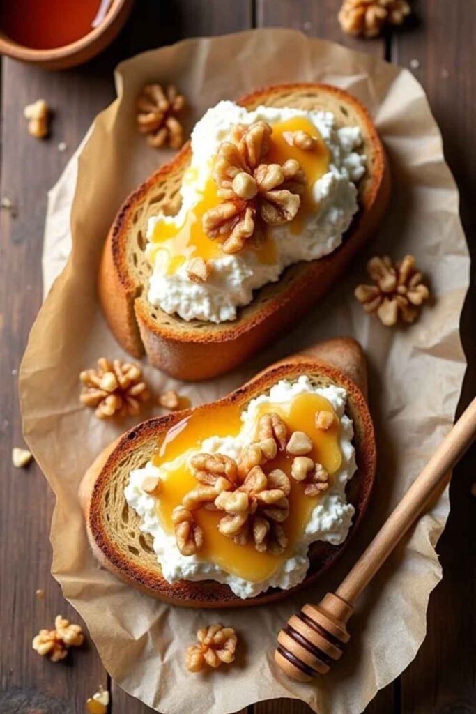 Toasted Bread With Ricotta, Honey, and Walnuts
