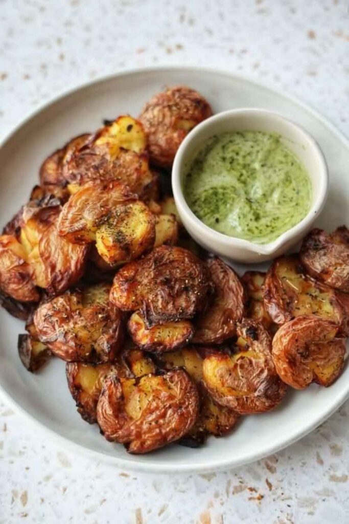 25 Easy Vegan Recipes That Actually Satisfy No Sad Salads Here 3 Crispy Smashed Potatoes With Herby Tahini Drizzle